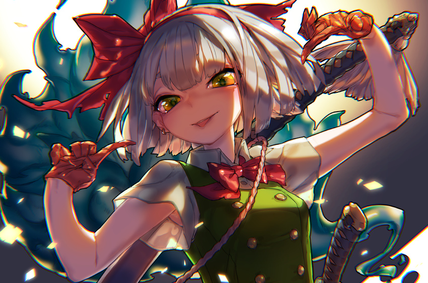 bangs bare_arms blunt_bangs bow bowtie buttons commentary_request earrings gloves green_eyes hair_ribbon jewelry katana konpaku_youmu looking_at_viewer red_bow red_neckwear red_ribbon ribbon short_hair short_sleeves silver_hair smile solo sword thupoppo tongue tongue_out touhou upper_body vest weapon wing_collar