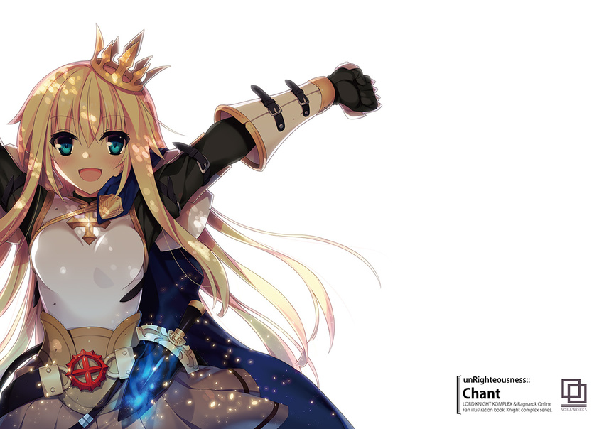 aqua_eyes armor belt blonde_hair cape cross crown isizuaki knight knight_(ragnarok_online) long_hair lord_knight open_mouth pauldrons ragnarok_online solo weapon