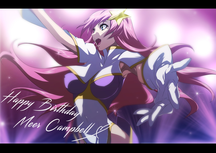 absurdres blue_eyes breasts gloves gundam gundam_seed gundam_seed_destiny hair_ornament highleg highres large_breasts leotard long_hair meer_campbell open_mouth pink_hair roku_(gansuns) solo star star_hair_ornament