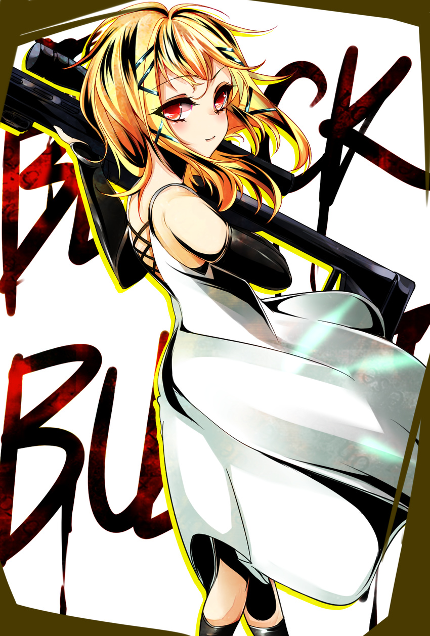 agetama bare_shoulders black_bullet blonde_hair blush closed_mouth commentary_request cowboy_shot detached_sleeves dress from_side green_ribbon gun hair_ribbon highres holding holding_gun holding_weapon long_hair long_sleeves looking_at_viewer looking_to_the_side red_eyes ribbon rifle smile sniper_rifle solo tina_sprout tress_ribbon weapon white_dress
