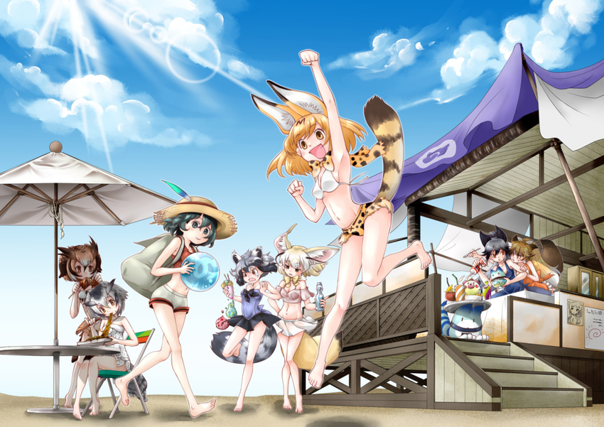 :d adapted_costume alternate_hairstyle animal_ears arm_up armpits backpack bag ball bare_legs barefoot beach beach_umbrella beachball bird_tail black_hair blonde_hair blue_sky bottle bow bowtie brown_hair chair chiki_yuuko clenched_hand cloud common_raccoon_(kemono_friends) crop_top day eating eurasian_eagle_owl_(kemono_friends) ezo_red_fox_(kemono_friends) fennec_(kemono_friends) food fox_ears fox_tail hat hat_feather head_wings ice_cream ice_cream_cone ice_cream_cone_spill japari_symbol kaban_(kemono_friends) kemono_friends light_rays long_hair lucky_beast_(kemono_friends) multicolored_hair multiple_girls northern_white-faced_owl_(kemono_friends) open_mouth outdoors ponytail print_neckwear print_shorts raccoon_ears raccoon_tail serval_(kemono_friends) serval_ears serval_print serval_tail short_hair short_shorts shorts silver_fox_(kemono_friends) silver_hair skirt sky smile sun_hat sunbeam sunlight swimsuit table tail tray umbrella white_bikini_top white_hair yakisoba yellow_eyes