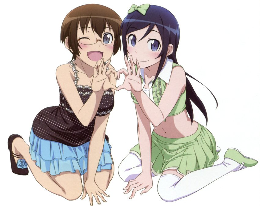 aragaki_ayase black_footwear black_hair blue_skirt blush breasts brown_hair cleavage collarbone dress eyebrows_visible_through_hair glasses gotou_nozomu green_dress green_footwear green_ribbon green_skirt grey_eyes hair_between_eyes hair_ribbon heart heart_hands heart_hands_duo highres kneeling long_hair medium_breasts midriff multiple_girls navel official_art one_eye_closed open_mouth ore_no_imouto_ga_konna_ni_kawaii_wake_ga_nai pleated_skirt polka_dot purple_eyes ribbon shoes short_hair sitting skirt sleeveless smile tamura_manami thighhighs wariza white_legwear zettai_ryouiki