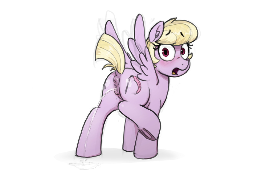 2017 anatomically_correct anatomically_correct_pussy animal_genitalia animal_pussy anus blush butt cutie_mark equine equine_pussy fan_character feathered_wings feathers female feral hair hi_res hooves looking_at_viewer mammal my_little_pony open_mouth peeing pegasus pussy selenophile simple_background solo urine wet_paint_(character) white_background wings