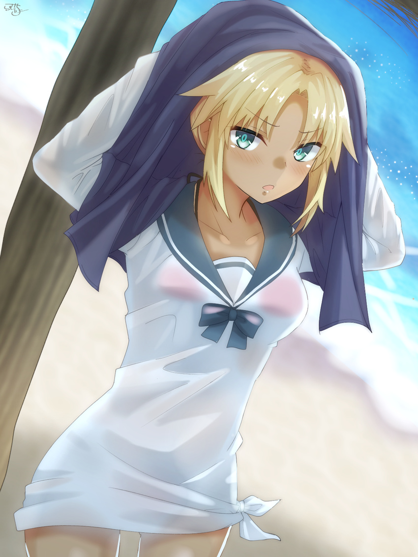 :o beach blonde_hair blurry blush breasts collarbone commentary_request cowboy_shot day depth_of_field dress drying drying_hair fate/grand_order fate_(series) green_eyes highres long_sleeves looking_at_viewer mordred_(fate)_(all) mordred_(swimsuit_rider)_(fate) ramchi sailor_dress school_uniform see-through_silhouette serafuku small_breasts solo tan towel v-shaped_eyebrows wet wet_clothes