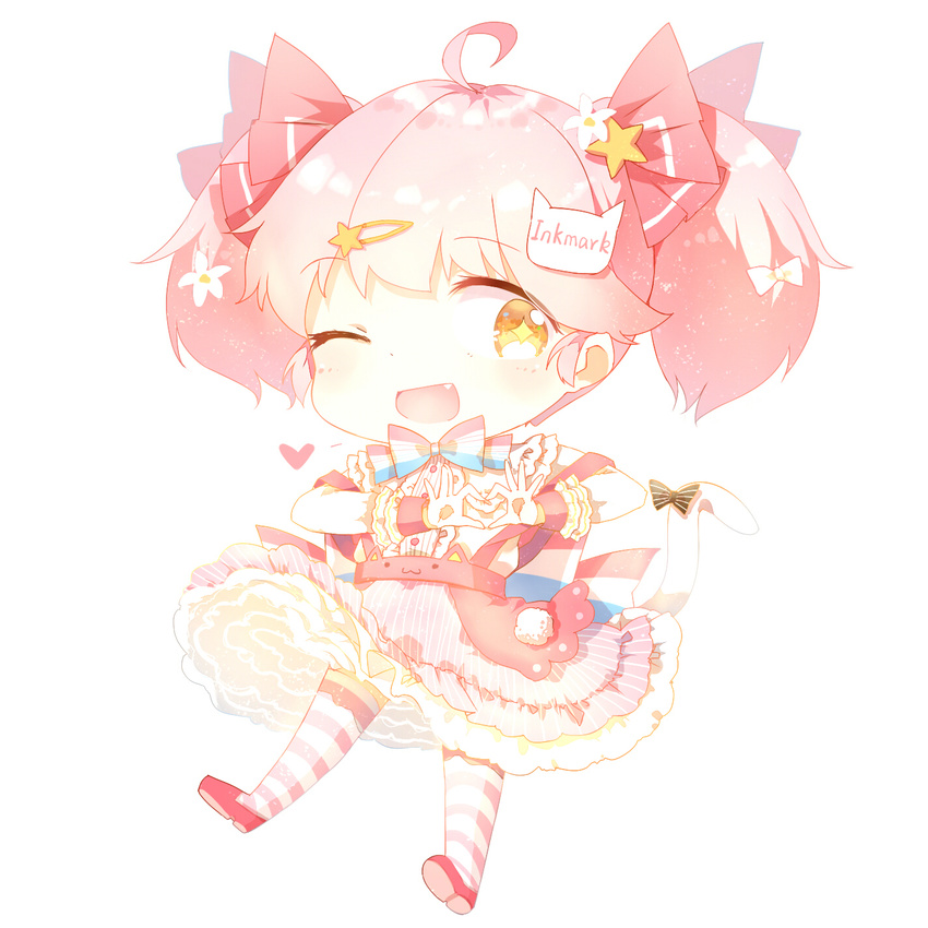 3000_xiao_chun blush chibi diamond-shaped_pupils eyebrows_visible_through_hair heart heart_hands highres looking_at_viewer one_eye_closed open_mouth original pink_hair pink_legwear short_hair short_twintails smile solo striped striped_legwear symbol-shaped_pupils thighhighs twintails white_legwear yellow_eyes