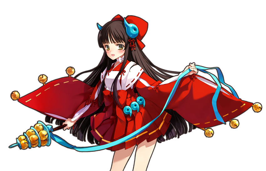 bangs blunt_bangs blush breasts brown_hair cowboy_shot eiyuu_senki hair_ornament hair_ribbon hakama_skirt hime_cut himiko_(eiyuu_senki) japanese_clothes long_hair looking_at_viewer ooyari_ashito open_mouth red_skirt ribbon skirt small_breasts solo transparent_background yellow_eyes