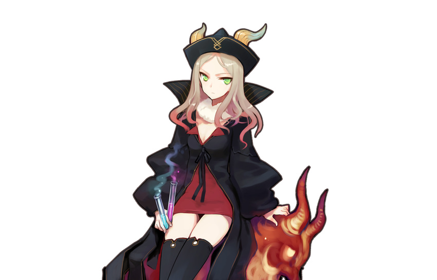 alchemy black_legwear blonde_hair breasts cleavage cowboy_shot dress eiyuu_senki faust_(eiyuu_senki) green_eyes hat long_hair looking_at_viewer multicolored_hair shimada_fumikane short_dress small_breasts solo thighhighs transparent_background