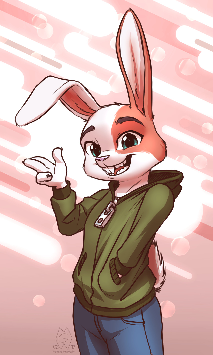 4_fingers anthro blue_eyes clothed clothing fur hi_res lagomorph male mammal mykegreywolf pink_nose rabbit simple_background smile solo teeth white_fur