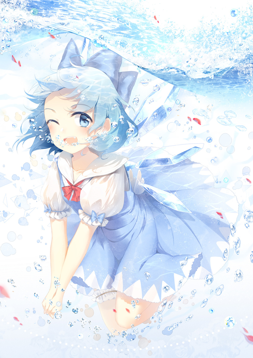 3000_xiao_chun absurdres blue_bow blue_eyes blue_hair blush bow cirno eyebrows_visible_through_hair hair_bow highres ice ice_wings looking_at_viewer open_mouth puffy_short_sleeves puffy_sleeves red_bow short_hair short_sleeves smile solo touhou underwater wings