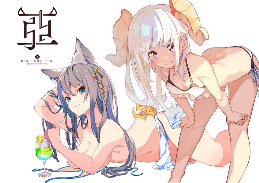 animal_ears arched_back arm_up bangs bent_over bikini blue_bikini blue_eyes blush breasts closed_mouth collarbone commentary_request cover cover_page doujin_cover drinking_straw eyebrows_visible_through_hair food fox_ears frilled_bikini_top frills fruit grey_hair hair_ornament hand_in_hair hand_up horns lemon lemon_slice long_hair looking_at_viewer lying medium_breasts multiple_girls navel on_stomach original purple_eyes sarong side-tie_bikini sidelocks silver_hair simple_background small_breasts smile swimsuit thighs tropical_drink untied untied_bikini white_background white_bikini white_hair yoo_(tabi_no_shiori)