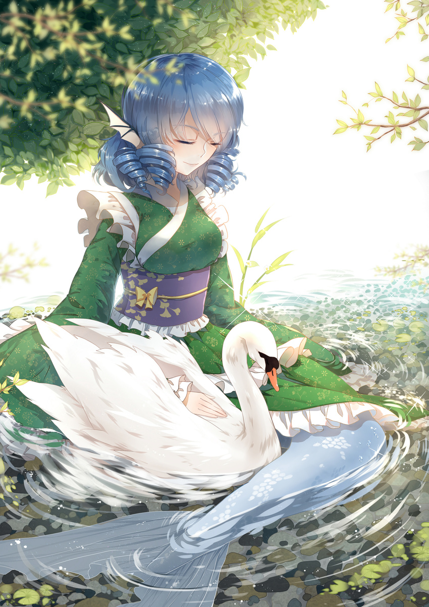 3000_xiao_chun absurdres bird blue_hair breasts closed_eyes drill_hair eyebrows_visible_through_hair head_fins highres large_breasts long_sleeves mermaid monster_girl short_hair sitting solo swan touhou wakasagihime water