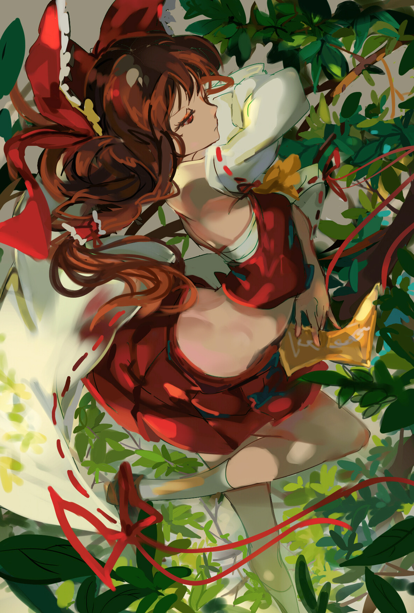 anatomical_nonsense ass bad_anatomy black_skirt bow brown_hair crop_top detached_sleeves floating_hair hair_bow hakurei_reimu highres leg_up long_hair midriff miniskirt pleated_skirt ponytail red_bow red_eyes red_ribbon red_shirt ribbon ribbon-trimmed_sleeves ribbon_trim sarashi shirt skirt solo standing touhou white_legwear wttwj