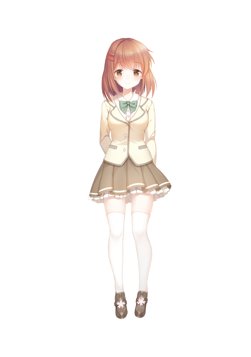 3000_xiao_chun absurdres blush bow breasts brown_eyes brown_hair brown_skirt closed_mouth eyebrows_visible_through_hair full_body green_bow hair_ornament hairclip highres large_breasts looking_at_viewer original short_hair skirt smile solo thighhighs white_legwear