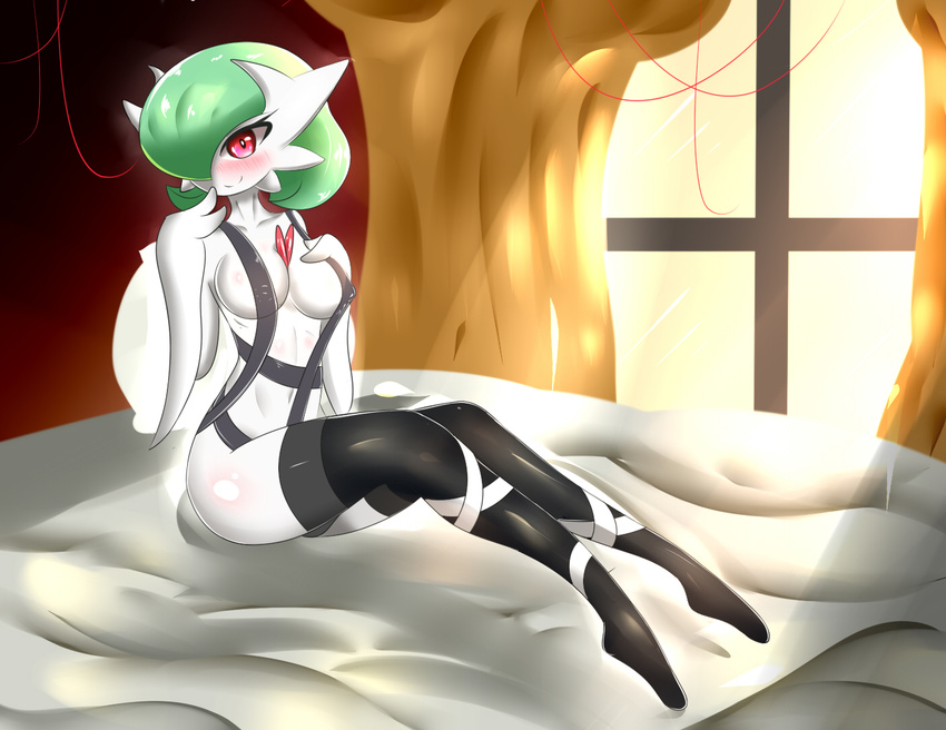 1girl alternate_costume bed bed_sheet black_legwear blush breasts collarbone curtain erect_nipples feet full_body gardevoir green_hair hair_over_one_eye hand_on_own_chest hand_to_own_mouth hand_up large_breasts looking_at_viewer mega_gardevoir mega_pokemon navel no_humans pillow pink_eyes pokemon pokemon_(creature) pokemon_rse sana!rpg short_hair sitting smile solo sunlight thighhighs window