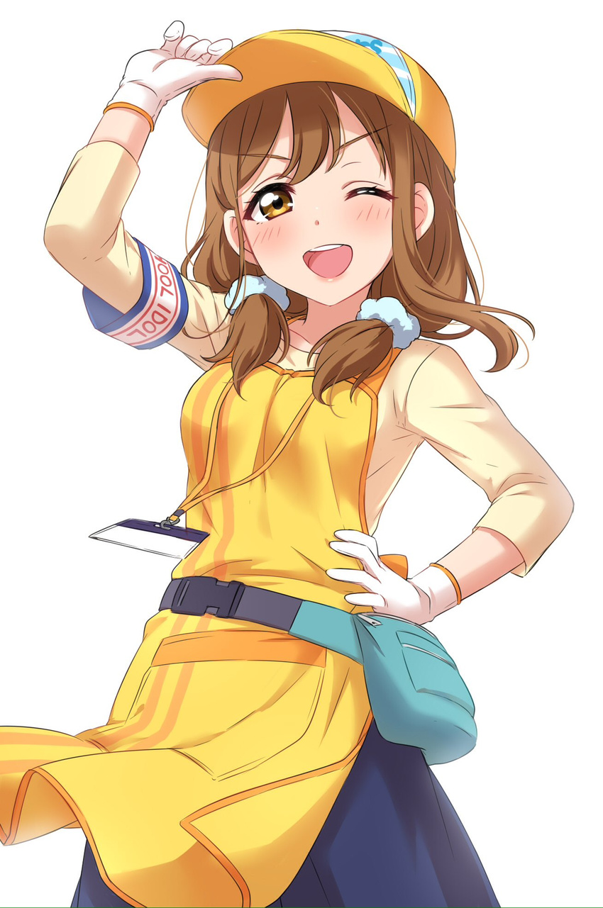 ;d adjusting_clothes adjusting_hat apron armband bangs baseball_cap blue_skirt blush brown_eyes brown_hair fanny_pack gloves hair_over_shoulder hand_on_hip hat highres kunikida_hanamaru looking_at_viewer love_live! love_live!_sunshine!! low_twintails one_eye_closed open_mouth placard sekina shirt sign simple_background skirt smile solo twintails uniform v-shaped_eyebrows white_background yellow_apron yellow_hat yellow_shirt