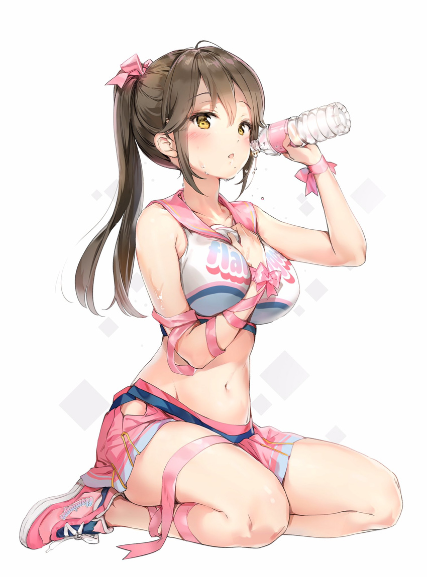 anmi between_breasts blush bottle breasts brown_eyes brown_hair cheerleader crop_top full_body hand_between_breasts hand_on_own_chest highres large_breasts long_hair midriff mole mole_under_mouth navel original pleated_skirt ponytail ribbon sailor_collar sailor_shirt shirt shoes simple_background sitting skirt sneakers solo sweat water_bottle white_background wrist_ribbon