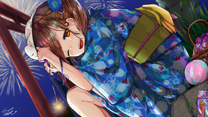 absurdres artist_name bad_id bad_pixiv_id blue_kimono blush brown_eyes brown_hair commentary_request dutch_angle eyebrows_visible_through_hair fireworks floral_print fox_mask from_side grass highres holding japanese_clothes kimono long_hair looking_at_viewer mask night obi open_mouth original outdoors pomu sash senkou_hanabi signature sitting smile solo sparkler torii twintails water_balloon wide_sleeves yukata