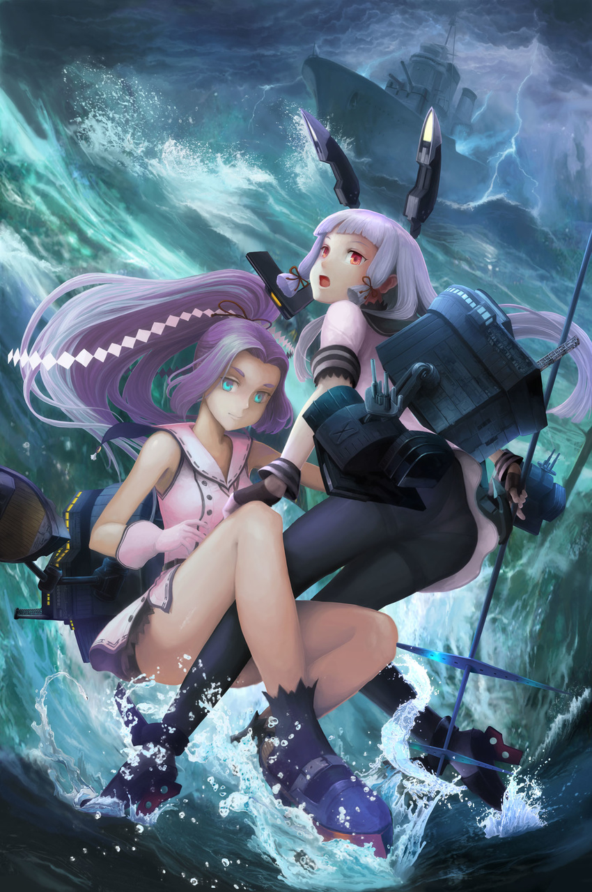 aa_gun ass black_legwear blue_eyes cannon destroyer dress gloves hair_ribbon hatsuharu_(kantai_collection) headgear highres hiraoka_masamune kantai_collection lightning long_hair machinery military military_uniform military_vehicle multiple_girls murakumo_(destroyer) murakumo_(kantai_collection) naval_uniform necktie ocean open_mouth orange_eyes panties panties_under_pantyhose pantyhose polearm ponytail purple_eyes purple_hair rain red_neckwear remodel_(kantai_collection) ribbon sailor_dress shide ship short_eyebrows silver_hair sleeveless smile smokestack spear storm thighband_pantyhose tress_ribbon turret underwear uniform very_long_hair warship water watercraft weapon white_hair