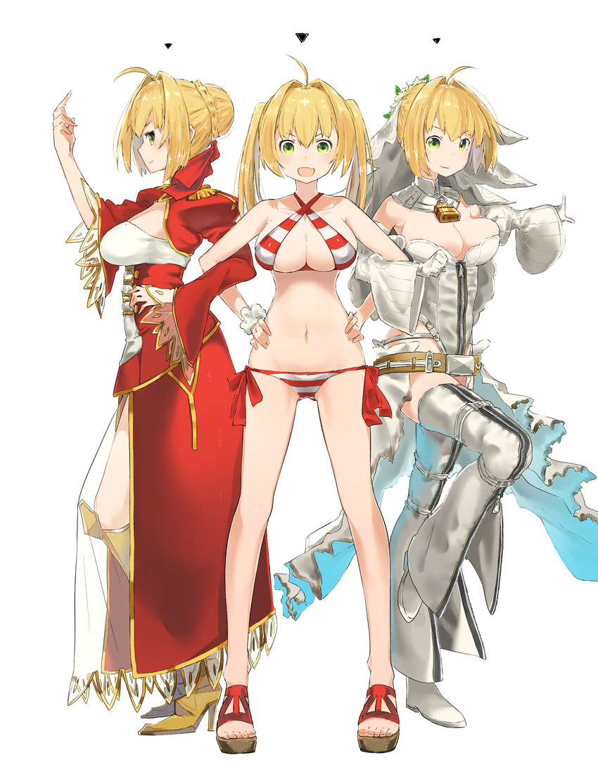 :d absurdres ahoge belt bikini blonde_hair breasts bridal_veil cleavage criss-cross_halter detached_sleeves dress epaulettes fang fate/extra fate/extra_ccc fate/grand_order fate_(series) gloves green_eyes halterneck hand_on_hip hands_on_hips high_heels highres kei_(soundcross) large_breasts leotard lock multiple_girls nero_claudius_(bride)_(fate) nero_claudius_(fate) nero_claudius_(fate)_(all) nero_claudius_(swimsuit_caster)_(fate) open_mouth sandals see-through sideboob simple_background smile striped striped_bikini swimsuit thighhighs twintails veil white_background white_gloves white_legwear