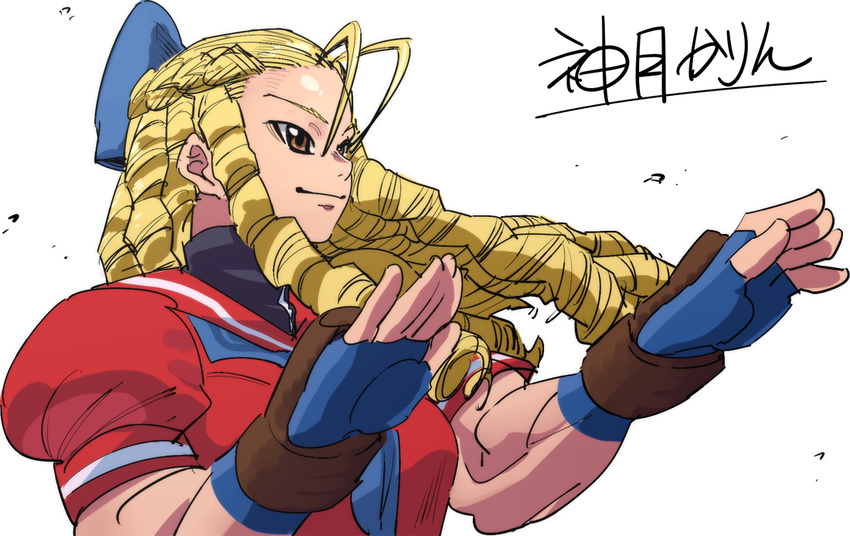 blonde_hair bow brown_eyes drill_hair fingerless_gloves forehead gloves hair_bow kanzuki_karin long_hair looking_to_the_side muscle muscular_female nebukuro41 puffy_short_sleeves puffy_sleeves short_sleeves smirk solo street_fighter translation_request upper_body