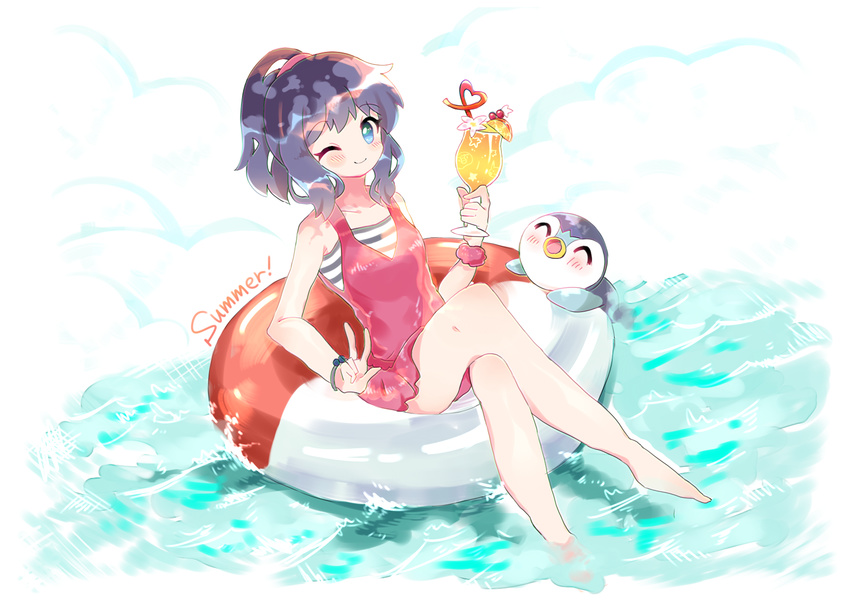 1girl artist_request bare_shoulders beak berries blue_background blue_eyes blue_hair blush bracelet breasts casual_one-piece_swimsuit cocktail collarbone drink drinking_glass drinking_straw english eyebrows_visible_through_hair eyes_closed flower food frilled_swimsuit frills fruit full_body glass hair_ornament hair_tie hands_up heart_straw highres hikari_(pokemon) innertube legs_crossed looking_at_viewer matching_hair/eyes one-piece_swimsuit one_eye_closed open_mouth orange_slice pink_swimsuit piplup pokemon pokemon_(creature) pokemon_dppt ponytail scrunchie short_hair simple_background sitting small_breasts smile steam swimsuit text tied_hair w water white_background white_flower wink wrist_scrunchie