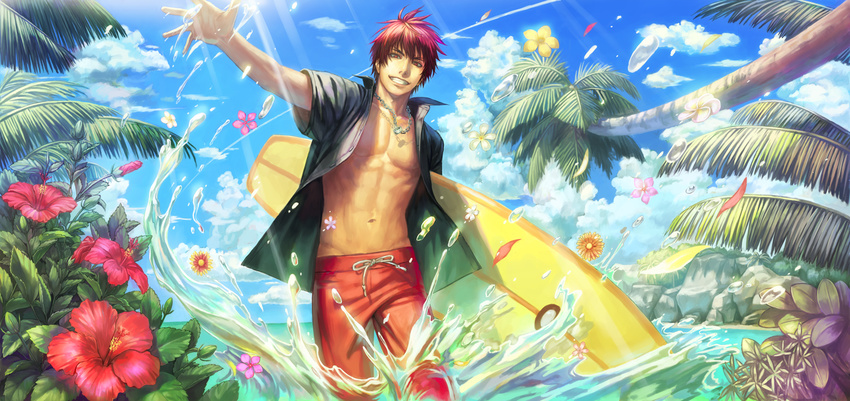 arm_at_side arm_up bare_arms bare_chest blue_sky chest cloud collarbone collared_shirt commentary_request cowboy_shot day flower grin hibiscus holding holding_surfboard jewelry kagami_taiga kuroko_no_basuke light_rays looking_at_viewer male_focus mechanical_pencil navel necklace ocean open_clothes open_shirt outdoors outstretched_arm palm_tree pants pencil pendant plumeria red_eyes red_hair shirt sky smile solo splashing stomach suiact sunbeam sunlight surfboard toned toned_male tree wading water