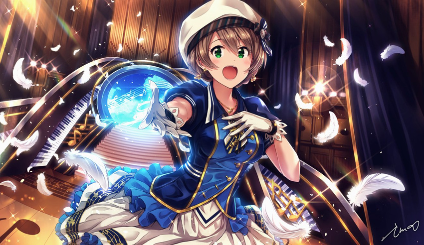 ahoge blush braid commentary_request dress earrings feathers french_braid gloves green_eyes hat idolmaster idolmaster_million_live! idolmaster_million_live!_theater_days ima_(lm_ew) jewelry looking_at_viewer necklace open_mouth outstretched_arm piano_keys sakuramori_kaori signature solo stage tied_hair