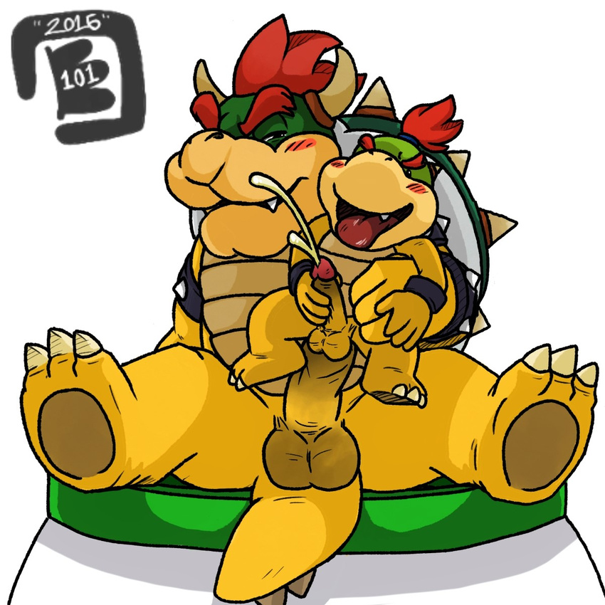 2016 3_toes age_difference anal anal_penetration balls beige_scales big_balls big_penis black_eyes bowser bowser_jr. bowserboy101 chair_position claws cub cum cumshot digital_media_(artwork) ejaculation fangs from_behind_position green_scales hair hand_on_body horn humanoid_penis incest koopa looking_down male male_penetrating mario_bros masturbation nintendo open_mouth orgasm penetration penis red_hair scales scalie sex signature simple_background size_difference small_balls small_penis spiked_bracelets tight_fit toes video_games white_background yellow_balls yellow_penis yellow_scales young