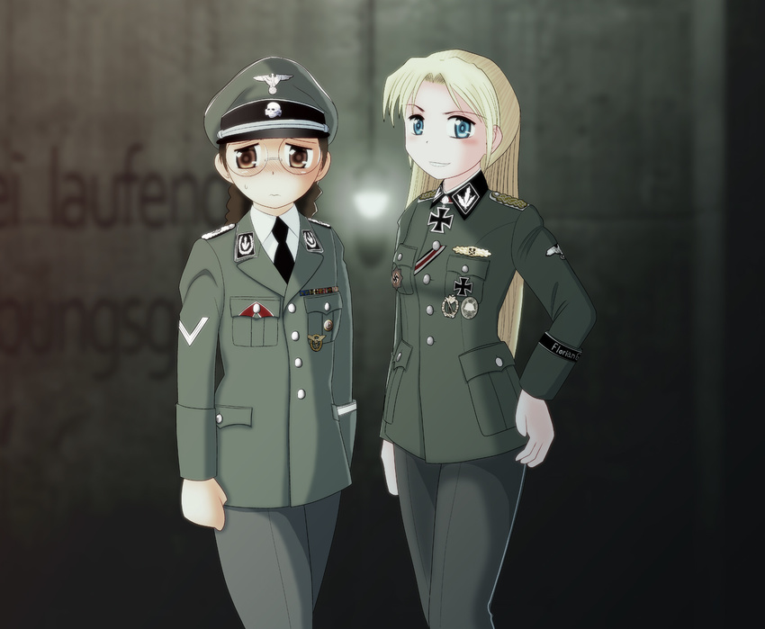 blonde_hair blue_eyes brown_eyes brown_hair check_commentary commentary_request der_untergang genderswap genderswap_(mtf) german glasses hat heinrich_luitpold_himmler hermann_otto_fegelein highres iron_cross medal military military_hat military_uniform nazi peaked_cap saitou_kaoru_(nashorn) totenkopf uniform waffen-ss world_war_ii