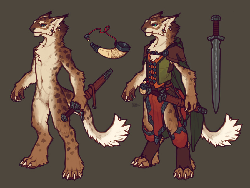 2013 4_toes 5_fingers anthro blue_eyes brown_background cape claws clothed clothing digital_media_(artwork) digitigrade featureless_crotch fur horn male melee_weapon model_sheet nude off/on simple_background snowskau solo spots standing sword tetton toe_claws toes weapon