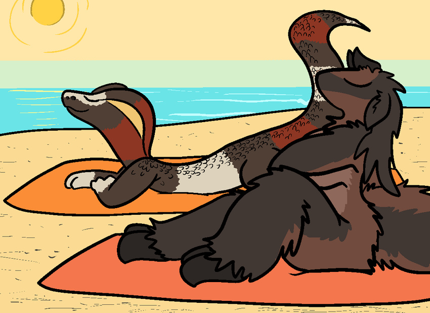 2017 aliasing anteater anthro beach bear breasts caprine cocoa_(trout) digital_media_(artwork) duo eyes_closed female fur goat hyrbid mammal mouthless nude outside reptile scalie seaside snake sunbathing trout_(artist) water