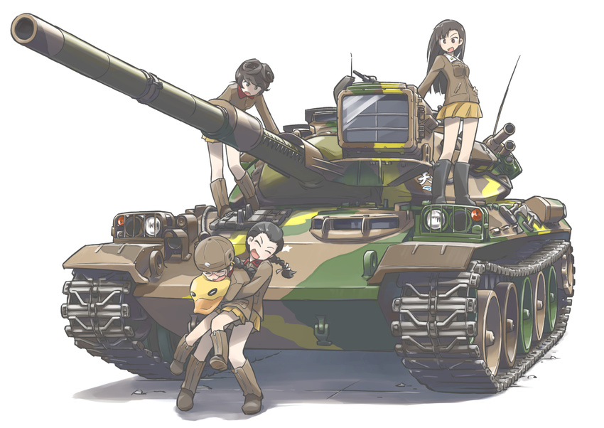 asymmetrical_bangs bangs bird black_footwear black_hair boots braid brown_footwear brown_hair brown_jacket caterpillar_tracks chi-hatan_(emblem) chi-hatan_military_uniform closed_eyes commentary_request duck emblem fukuda_(girls_und_panzer) girls_und_panzer glasses ground_vehicle hair_rings hair_tie helmet hosomi_(girls_und_panzer) hug hug_from_behind jacket lifting_person long_hair long_sleeves looking_at_another military military_uniform military_vehicle miniskirt motor_vehicle multiple_girls nishi_kinuyo open_mouth pleated_skirt round_eyewear short_hair single_braid skirt smile standing star tamada_(girls_und_panzer) tank tewarusa twin_braids twintails type_74 uniform white_background yellow_skirt
