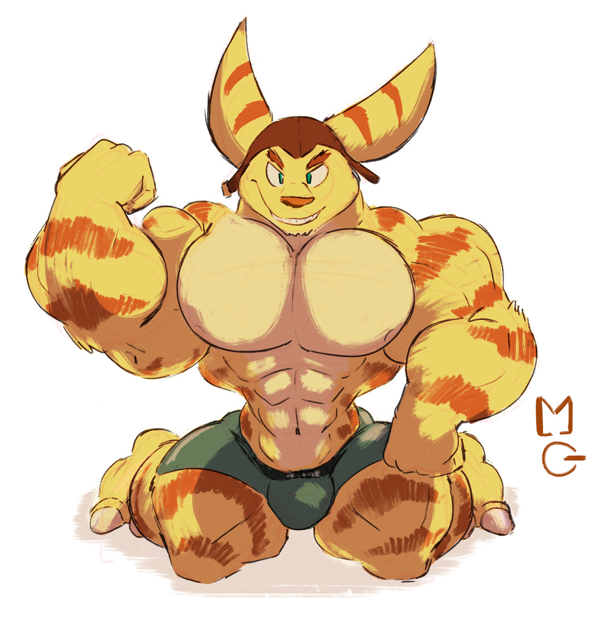 2017 abs anthro aviator_cap biceps big_muscles bulge clothed clothing feet flexing fur green_eyes hat kneeling lombax looking_at_viewer male mega-glitch muscular partially_clothed pecs ratchet ratchet_and_clank shorts simple_background smile solo stripes teeth topless video_games yellow_fur