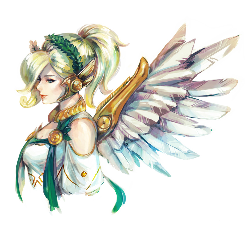 alternate_costume blonde_hair blue_eyes breasts commentary dress feathered_wings from_side hair_over_one_eye head_wreath headpiece high_ponytail highres jewelry laurel_crown mechanical_wings medium_hair mercy_(overwatch) nvalkyrja overwatch profile red_lips short_sleeves simple_background small_breasts solo upper_body white_background white_dress winged_victory_mercy wings