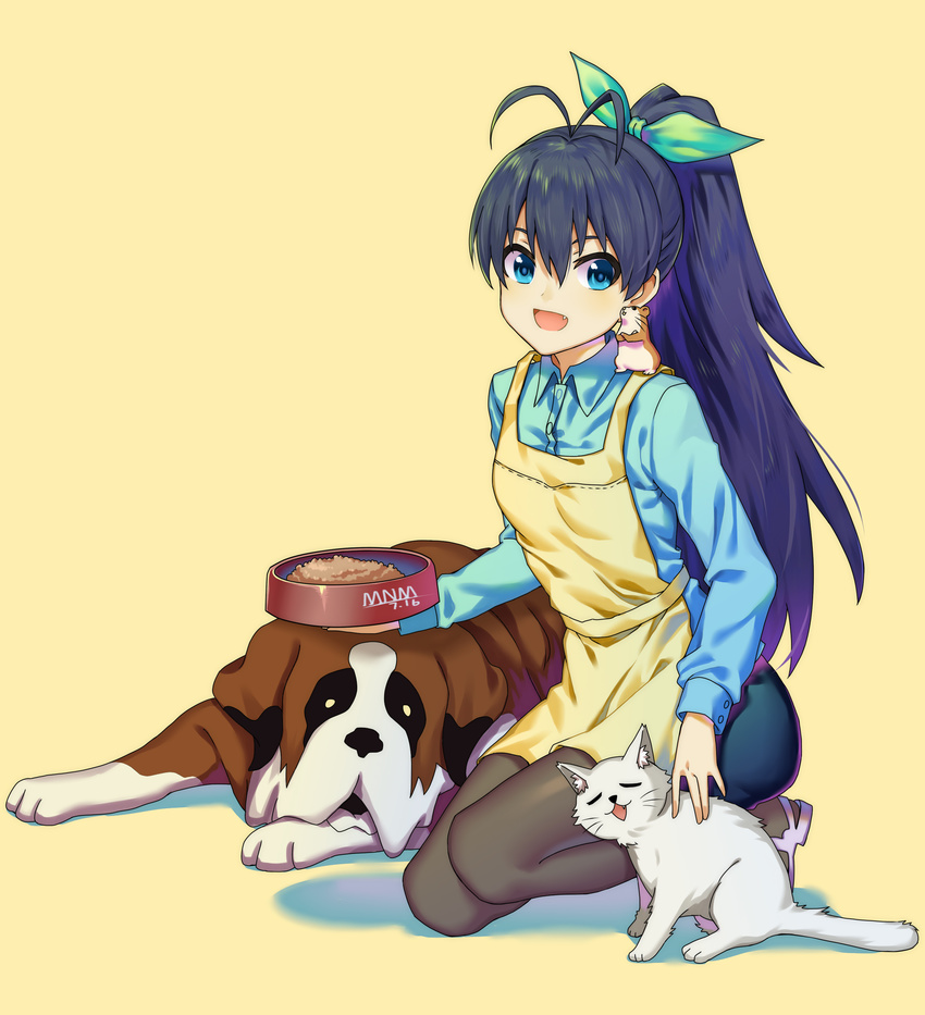 :d absurdres antenna_hair apron black_hair blue_shirt cat dated dog dress_shirt fang full_body ganaha_hibiki green_eyes hair_ribbon hamster hamuzou high_ponytail highres idolmaster idolmaster_(classic) inumi kneeling long_hair makise_medaka open_mouth pantyhose ponytail ribbon shirt skirt smile st_bernard very_long_hair yellow_background