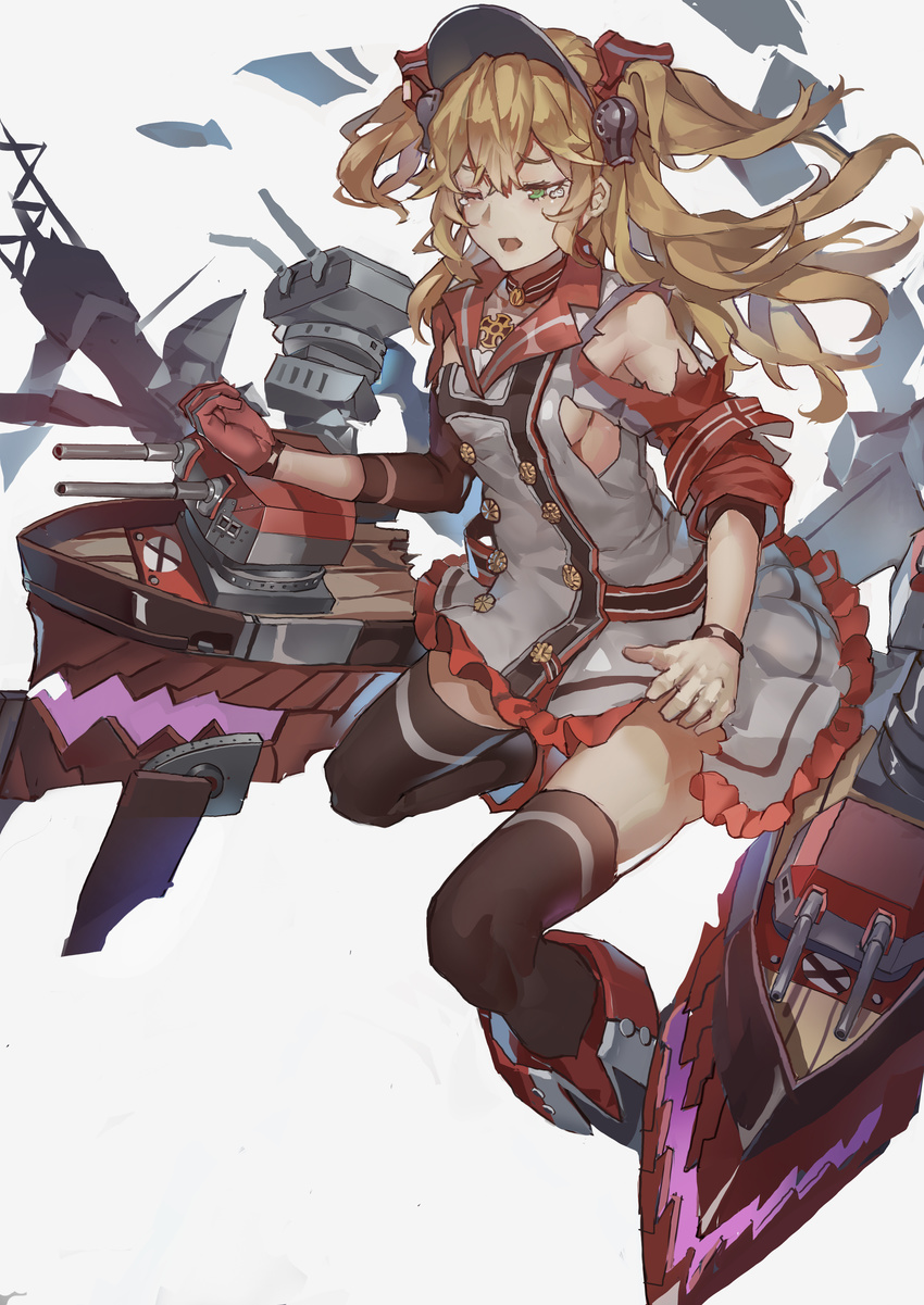 absurdres admiral_hipper_(azur_lane) azur_lane black_legwear blonde_hair breasts cannon commentary_request d; green_eyes highres iron_cross machinery medium_breasts one_eye_closed open_mouth sadoxi11 shirt sideboob solo tears thighhighs torn_clothes torn_shirt turret twintails