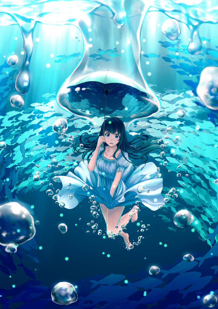air_bubble bangs bare_arms bare_legs barefoot black_hair blue_eyes blush breasts bubble dress dress_tug embarrassed fish floating_hair full_body highres holding holding_umbrella light_rays long_hair looking_at_viewer looking_down nose_blush ocean open_mouth puffy_short_sleeves puffy_sleeves sash school_of_fish short_sleeves silhouette sky_print small_breasts solo submerged sundress surprised umbrella underwater white_dress yumemizuki
