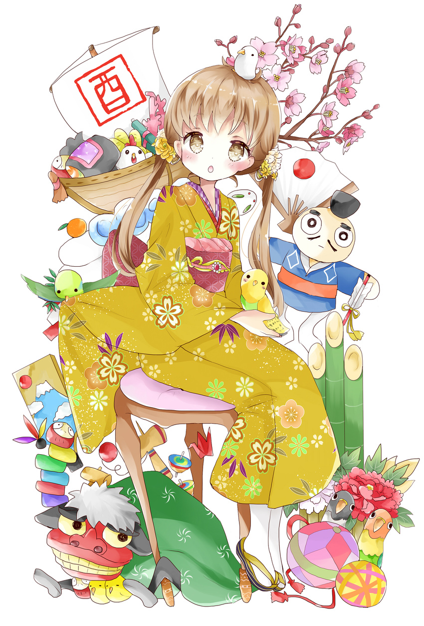 :o animal animal_on_head arrow ball bamboo bird bird_on_head blush branch brown_eyes canary chicken commentary_request dove eyebrows_visible_through_hair fan floral_print flower full_body hagoita hair_flower hair_ornament hamaya highres holding holding_animal japanese_clothes japanese_flag kadomatsu kagami_mochi kendama kimono light_brown_hair long_hair long_sleeves looking_at_viewer looking_to_the_side low_twintails mallet obi on_head open_mouth origami original paddle paper_crane paper_fan print_kimono sash scroll shishimai sitting snow_bunny socks solo spinning_top stool tabi temari_ball tsukiyo_(skymint) twintails unmoving_pattern white_legwear wide_sleeves yellow_kimono