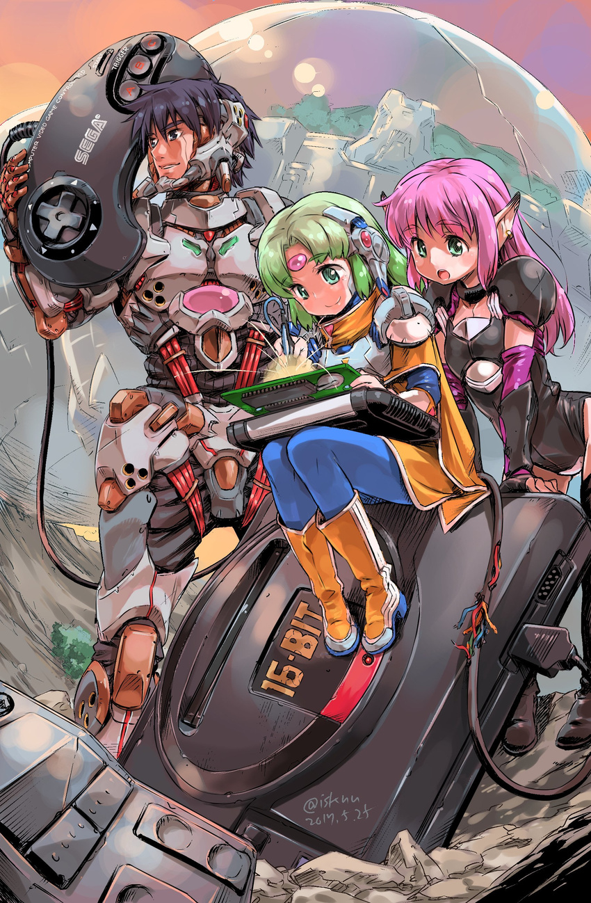 2017 2girls absurdres android armor black_hair boots bracer cable circuit_board controller damaged dated detached_sleeves dome epic fal_(phantasy_star) forren furena game_cartridge game_console gloves green_eyes green_hair highres isedaichi_ken light_smile long_hair looking_down multiple_girls oversized_object phantasy_star phantasy_star_iv pink_hair pointy_ears repairing science_fiction sega sega_mega_drive signature sitting twitter_username white_gloves wire