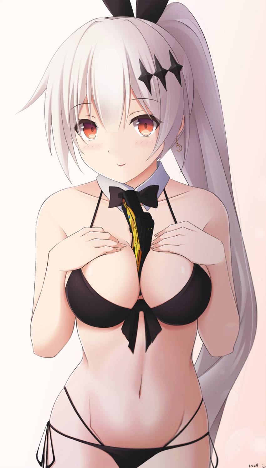 1girl artist_name bangs bare_arms bare_shoulders between_breasts bikini black_bikini black_ribbon breasts brown_background cleavage closed_mouth collar collarbone commentary cowboy_shot crescent crescent_earrings detached_collar earrings eyebrows_visible_through_hair fingernails five-seven_(girls_frontline) five-seven_(gun) girls_frontline gradient gradient_background groin gun hair_between_eyes hair_ornament hair_ribbon handgun hands_on_own_chest hands_up high_ponytail highres jewelry keenh medium_breasts navel object_namesake pistol ponytail red_eyes ribbon side-tie_bikini sidelocks signature silver_hair smile solo swimsuit tongue tongue_out weapon white_background white_collar