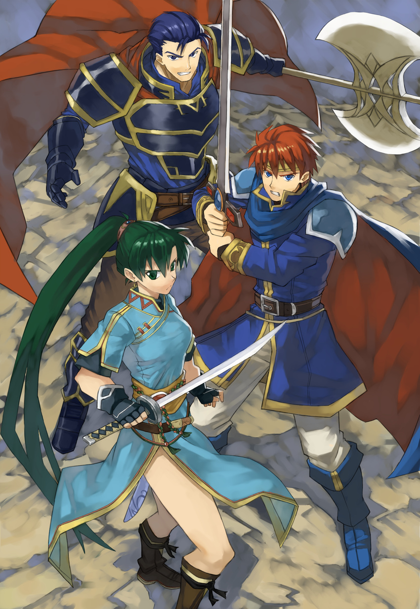 2boys armor blue_eyes blue_hair breasts cape dress earrings eliwood_(fire_emblem) fingerless_gloves fire_emblem fire_emblem:_rekka_no_ken gloves green_eyes green_hair hector_(fire_emblem) high_ponytail highres jewelry long_hair looking_at_viewer lyndis_(fire_emblem) medium_breasts multiple_boys open_mouth ponytail red_hair shino_(2919) short_hair smile sword very_long_hair weapon