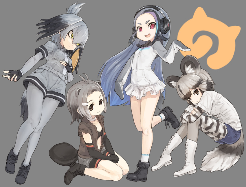 :d african_wild_dog_(kemono_friends) african_wild_dog_print american_beaver_(kemono_friends) animal_ears ankle_boots antenna_hair arm_at_side bangs beaver_ears beaver_tail bent_over bike_shorts bionekojita bird_tail bird_wings black_footwear black_gloves black_hair blonde_hair bodystocking boots breasts brown_eyes choker collarbone dog_ears dog_tail dot_nose dress empty_eyes eyebrows eyebrows_visible_through_hair eyelashes feathered_wings fingerless_gloves forehead full_body giant_penguin_(kemono_friends) gloves gradient_hair green_eyes grey_background hair_between_eyes hair_ornament hairclip hand_on_own_stomach hands_together head_wings headphones japari_symbol kemono_friends knee_boots knees_together_feet_apart leaning leaning_forward leg_up legwear_under_shorts long_hair long_sleeves looking_away looking_to_the_side multicolored multicolored_clothes multicolored_hair multicolored_legwear multiple_girls navel necktie open_mouth pantyhose pantyhose_under_shorts penguin_tail pink_eyes pleated_dress pocket purple_hair sailor_collar sailor_dress shirt shoebill_(kemono_friends) short_dress short_hair short_jumpsuit short_sleeves shorts shorts_under_skirt silver_hair silver_legwear silver_necktie silver_neckwear silver_shorts simple_background sitting small_breasts smile socks standing standing_on_one_leg stomach tail tareme thick_eyebrows thigh_gap tongue torn_clothes torn_shorts tsurime two-tone_hair v-shaped_eyebrows very_long_hair wariza white_dress white_footwear white_legwear white_neckwear white_shirt wings