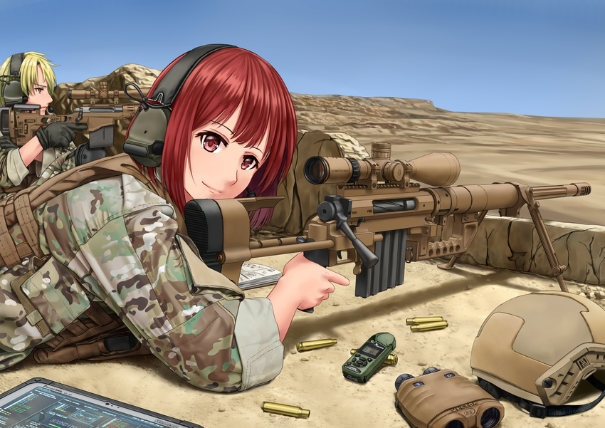 1girl absurdres anti-materiel_rifle binoculars blonde_hair bolt_action cheytac_m200 commentary day desert gloves gun headset headwear_removed helmet helmet_removed highres jpc knee_pads kneeling load_bearing_vest looking_at_viewer looking_to_the_side lying military military_uniform multicam_(camo) on_stomach original panasonic_corporation red_eyes red_hair remington_msr rifle scope shadow shell_casing short_hair sky sleeves_rolled_up smile sniper sniper_rifle soldier tablet trigger_discipline uniform weapon