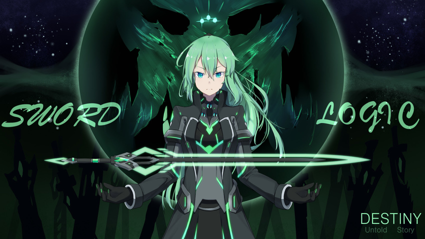 aqua_eyes armor bangs black_coat black_gloves closed_mouth coat commentary_request copyright_name crota destiny_(game) energy_sword english eyebrows_visible_through_hair floating floating_weapon genderswap genderswap_(mtf) gloves glowing glowing_eyes green_hair hair_between_eyes high_collar kuroda_kuwa long_hair long_sleeves looking_at_viewer neon_trim personification planted_sword planted_weapon ponytail serious shiny shiny_hair silhouette sky standing star_(sky) starry_sky sword very_long_hair weapon