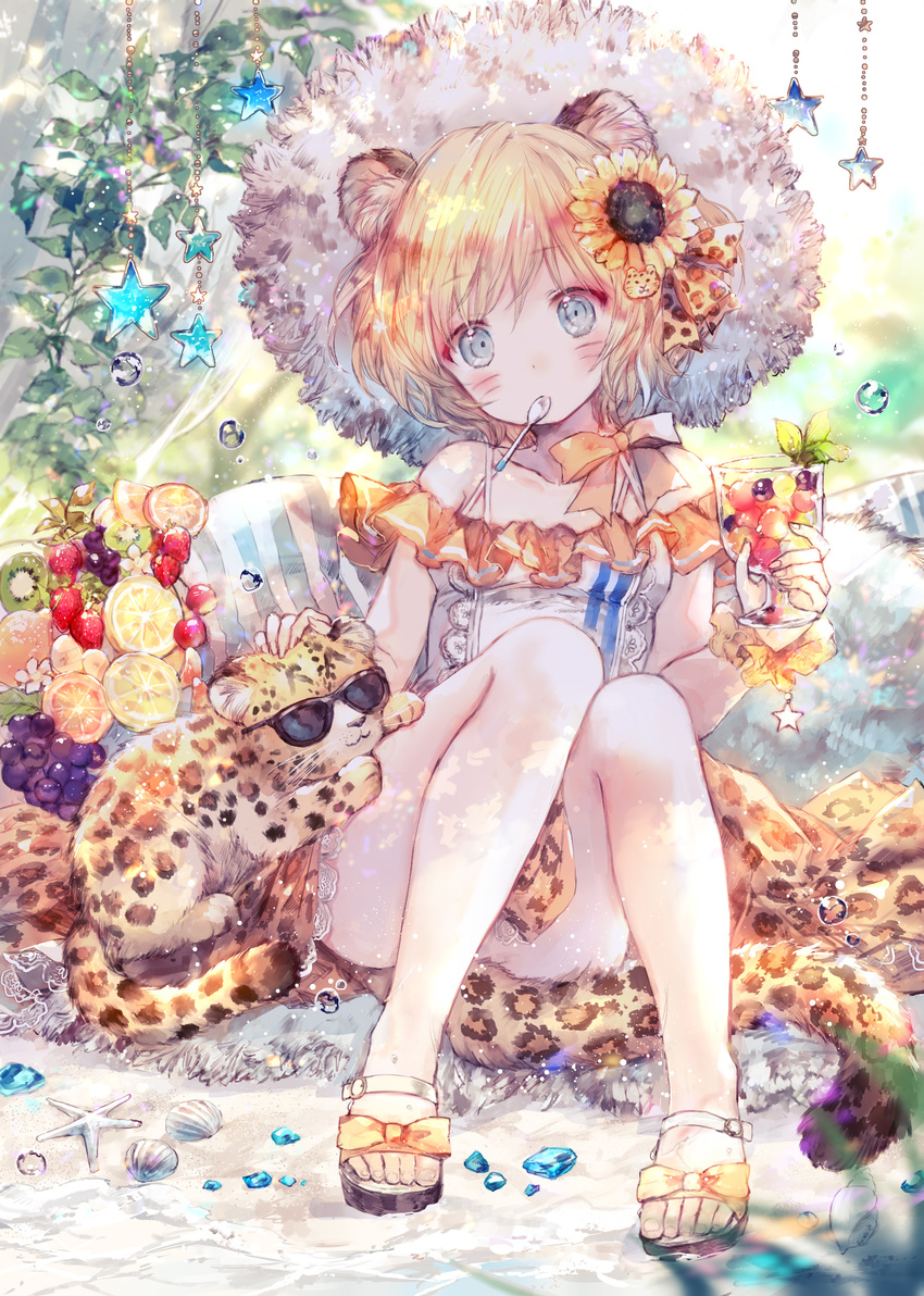 :3 animal animal_ears animal_print bangs bare_legs beach blonde_hair blue_eyes blush cat_hair_ornament closed_mouth commentary_request conch convenient_leg cup day dress eyebrows_visible_through_hair flower food fruit grapes hair_flower hair_ornament hat head_tilt highres holding holding_cup kiwifruit knees_up lace lace-trimmed_skirt leopard leopard_ears leopard_print leopard_tail looking_at_viewer mouth_hold no_socks off_shoulder onineko orange orange_slice original outdoors pebble petting print_skirt sandals scallop scrunchie seashell shell short_dress short_hair sitting skirt solo spaghetti_strap spoon star starfish strawberry sun_hat sunflower sunglasses tail tareme toes water_drop whisker_markings white_dress white_hat wrist_scrunchie