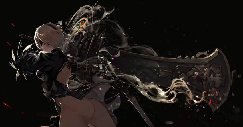 analogtvpdj ass back_cutout black_dress blindfold breasts covered_eyes digital_dissolve dress dual_wielding feather-trimmed_sleeves highres holding huge_weapon katana leotard leotard_under_clothes long_sleeves medium_breasts nier_(series) nier_automata silver_hair solo sword thong_leotard weapon white_leotard yorha_no._2_type_b