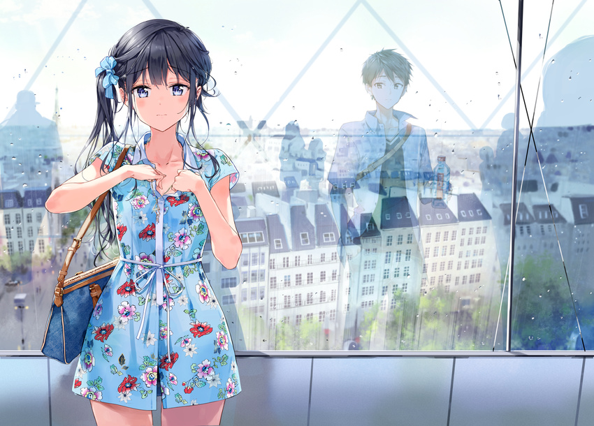 1girl adagaki_aki bag black_hair blush bottle building cowboy_shot dress floral_print highres long_hair looking_at_viewer makabe_masamune masamune-kun_no_revenge reflection sash side_ponytail skirt tiv water_bottle