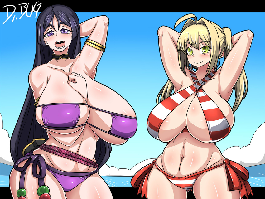 2girls ahoge armlet armpits black_hair blonde_hair breasts choker collarbone curvy dr._omonemushi fate/extra fate/grand_order fate_(series) female hand_behind_head highres huge_breasts long_breasts long_hair long_twintails looking_at_viewer minamoto_no_raikou_(fate/grand_order) mound_of_venus multiple_girls navel ocean open_mouth outdoors purple_bikini purple_eyes purple_swimsuit red_bikini red_swimsuit saber_extra side-tie_bikini smile standing striped_bikini summer swimsuit twintails wide_hips yellow_eyes