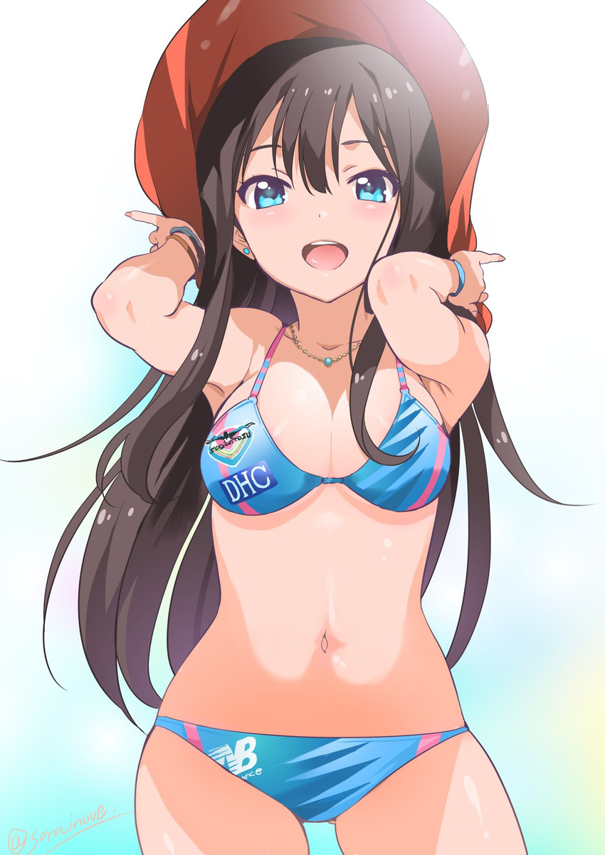 :d bikini blue_bikini blue_eyes bracelet breasts brown_hair cleavage cowboy_shot earrings hair_between_eyes hat highres idolmaster idolmaster_cinderella_girls inoue_sora jewelry long_hair looking_at_viewer medium_breasts navel necklace new_balance open_mouth pinky_out print_bikini shibuya_rin sidelocks smile solo swimsuit twitter_username