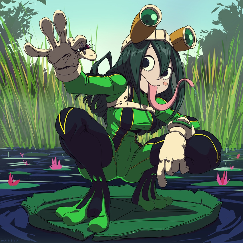 :p asui_tsuyu black_hair blush_stickers bodysuit boku_no_hero_academia breasts bug day fly frog_girl gloves goggles goggles_on_head grass green_hair highres insect lily_pad long_hair long_tongue medium_breasts nature outdoors pond sky squatting tongue tongue_out wabbla water white_gloves